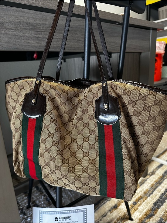 Gucci Handbags - AUTHENTIC Vintage Gucci Brown Monogram Tote Green & Red Web Stripes & COA